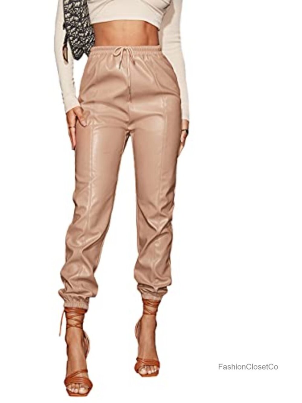Drawstring High Waisted Cropped Tapered PU Leather Pants